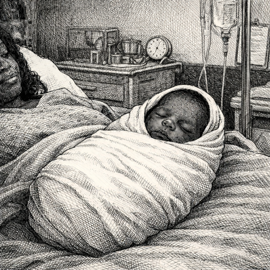 A swaddled newborn sleeps on a hospital bed, an IV stand and a nightstand with an alarm clock in the ward behind.