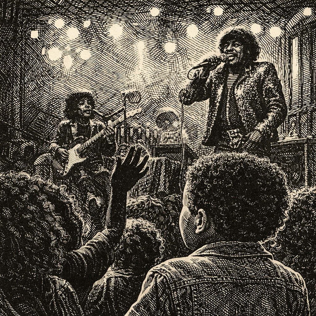 A singer grips the mic on a small stage beside a guitarist and a mirror ball while a crowd reaches up from the floor.