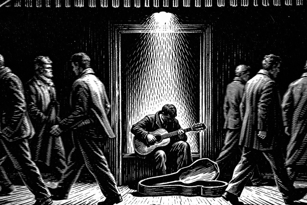 A man sits playing guitar in a doorway spotlight, an open guitar case before him, indifferent men passing on both sides.