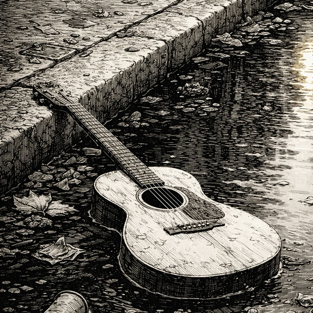 An acoustic guitar lies abandoned in a wet gutter beside the curb, a fallen leaf near its neck.