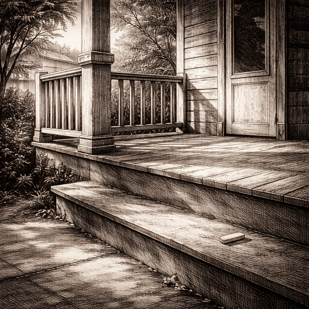 An empty wooden porch and steps with a single piece of chalk left behind on the tread.