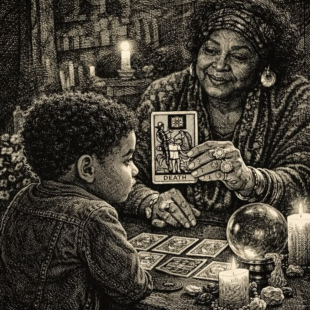 A woman in a headwrap holds up a tarot card marked DEATH to a small boy across a table with a crystal ball and candles.