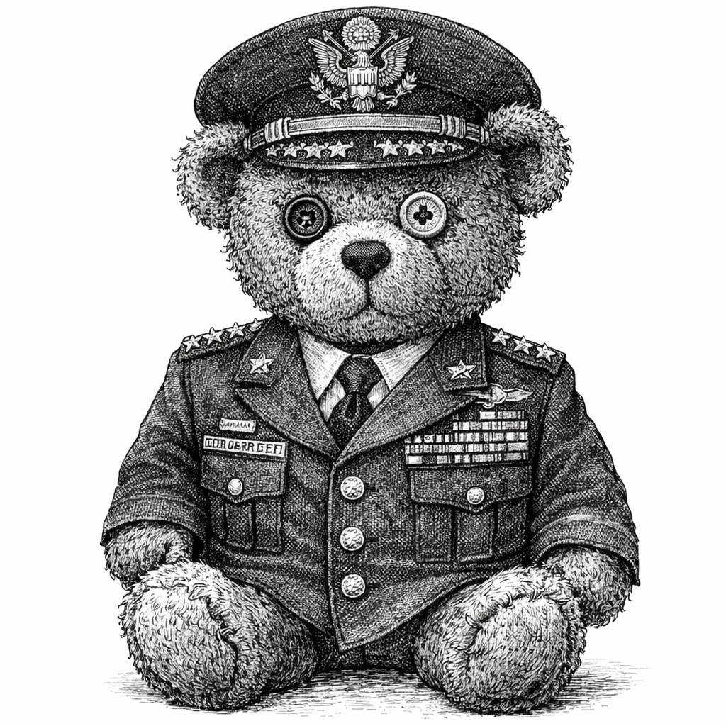 A teddy bear poses stiffly in a decorated military officer’s uniform and peaked cap, medals across its chest.