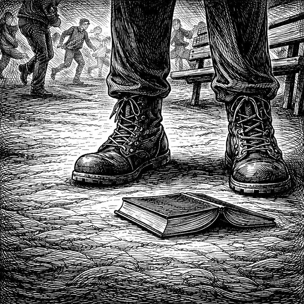 Heavy laced boots plant over a dropped open book on schoolyard pavement as children run in the background.