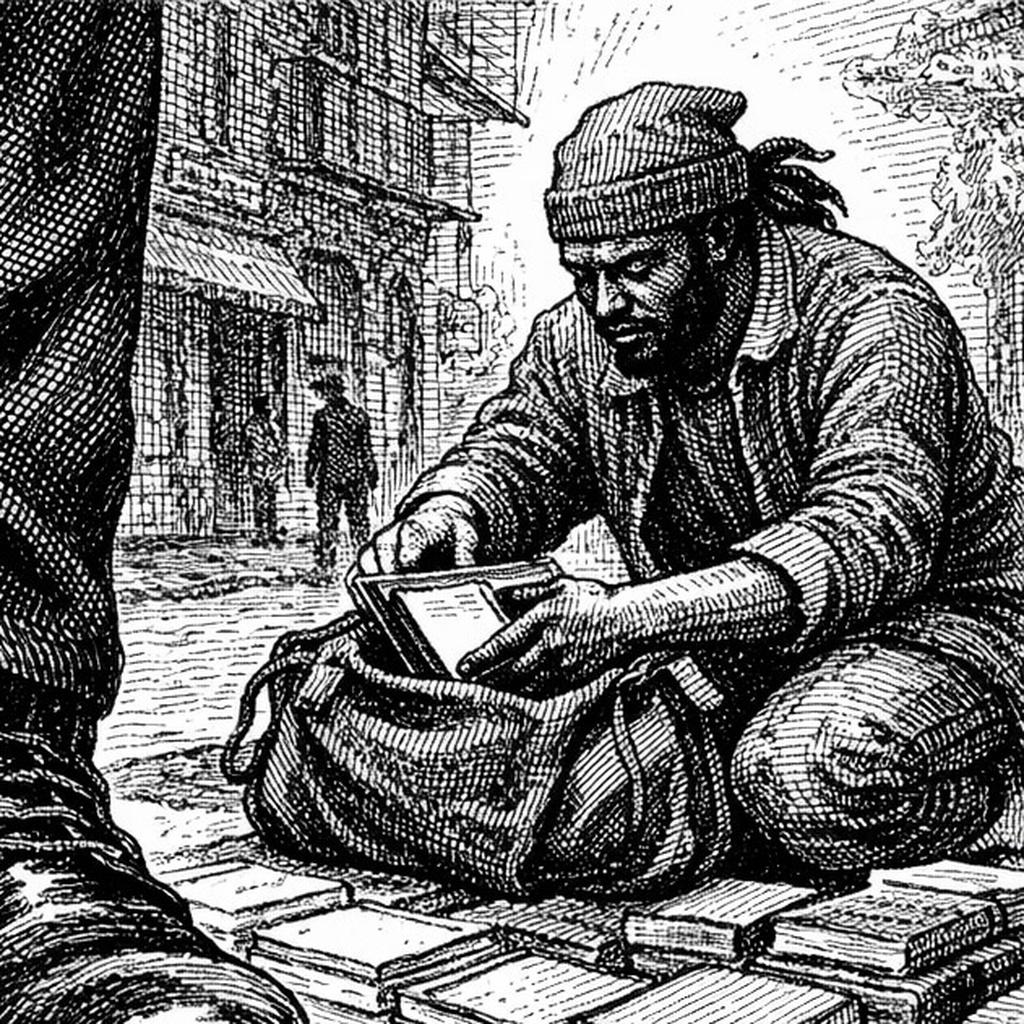 A man in a knit cap crouches packing books into a duffel bag as a police officer’s legs loom at the edge of the frame.
