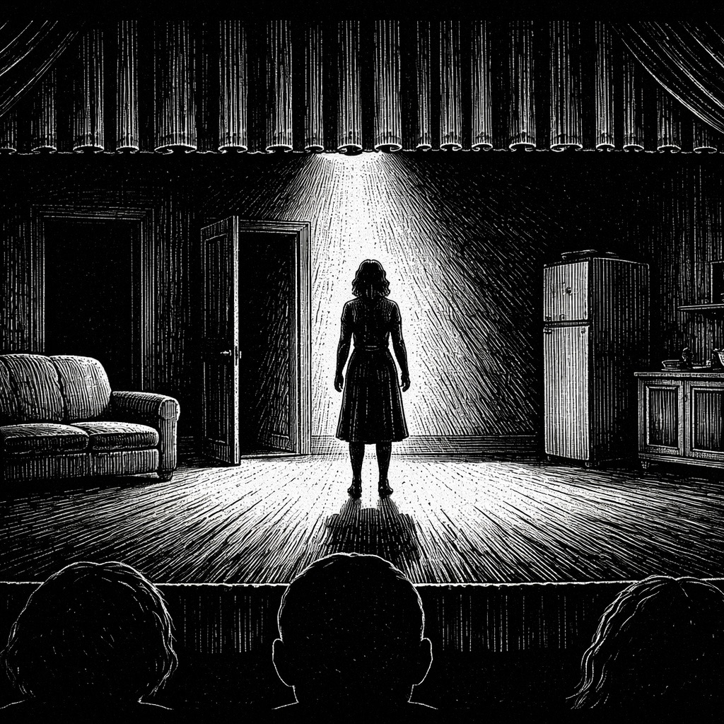 A woman stands alone in a spotlight on a stage set of a living room, the silhouetted heads of an audience in the foreground.