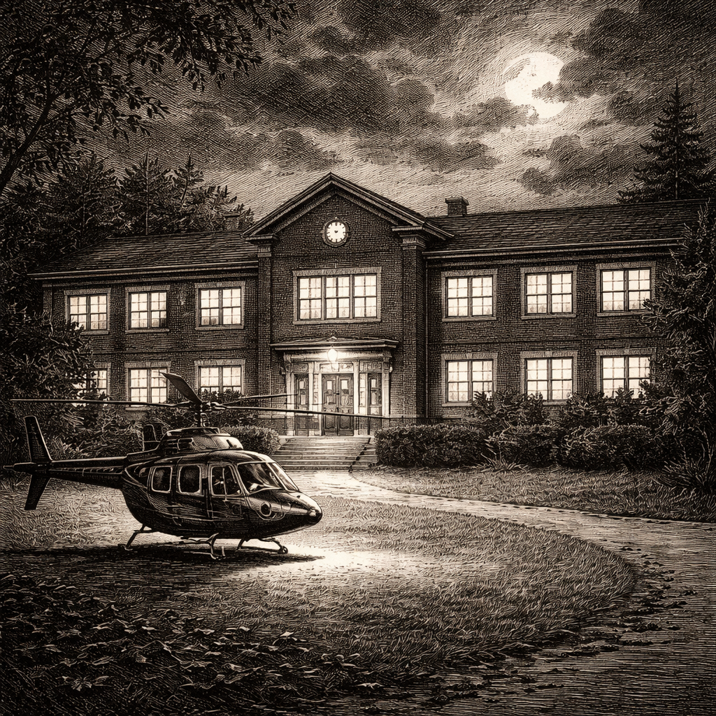 How Genius is Rewarded featured: a brick schoolhouse at night under a clouded moon, a helicopter parked on the lawn.