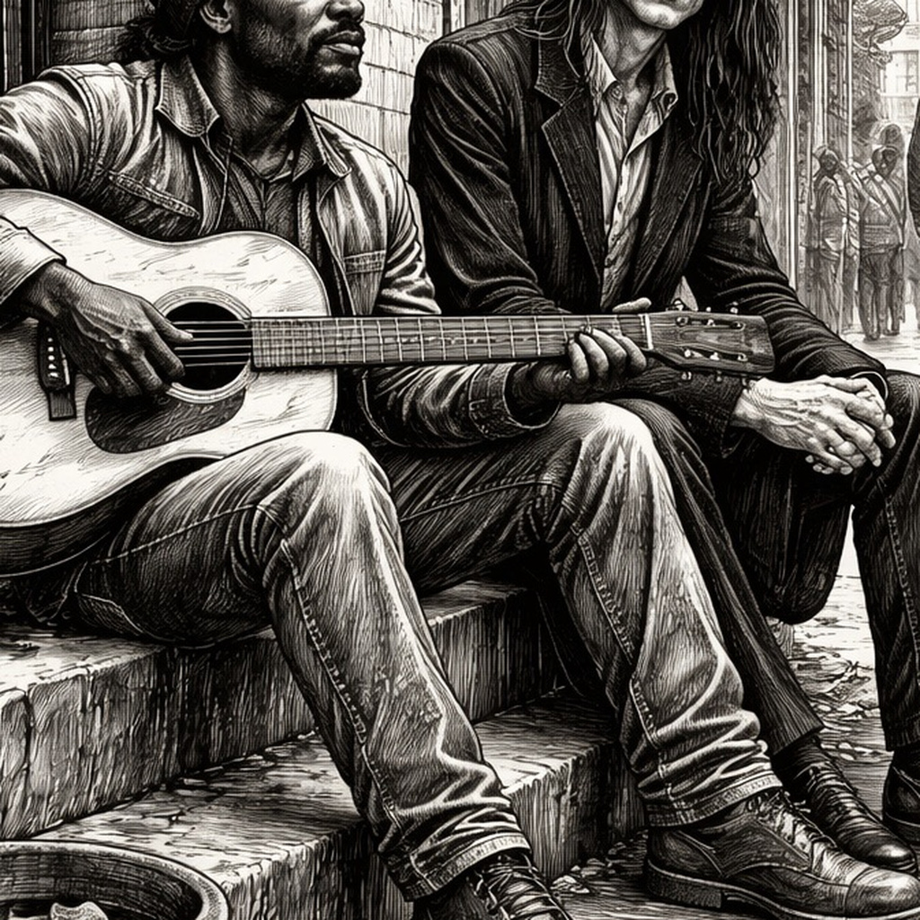 A busker with his guitar sits close beside a long-haired figure in a coat on a stone stoop.