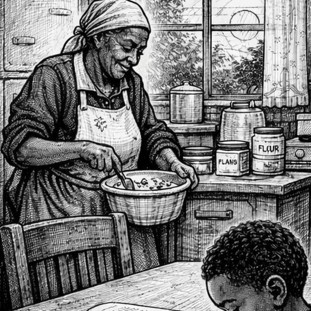 An elderly woman in a headwrap and apron stirs a bowl of batter in a kitchen while a young boy watches from the table.