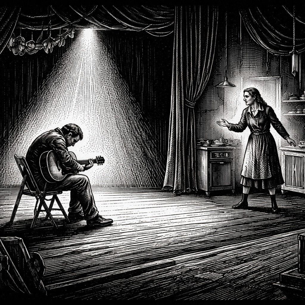 A split stage: a man plays guitar in a spotlight at left while a woman gestures from a kitchen set at right.