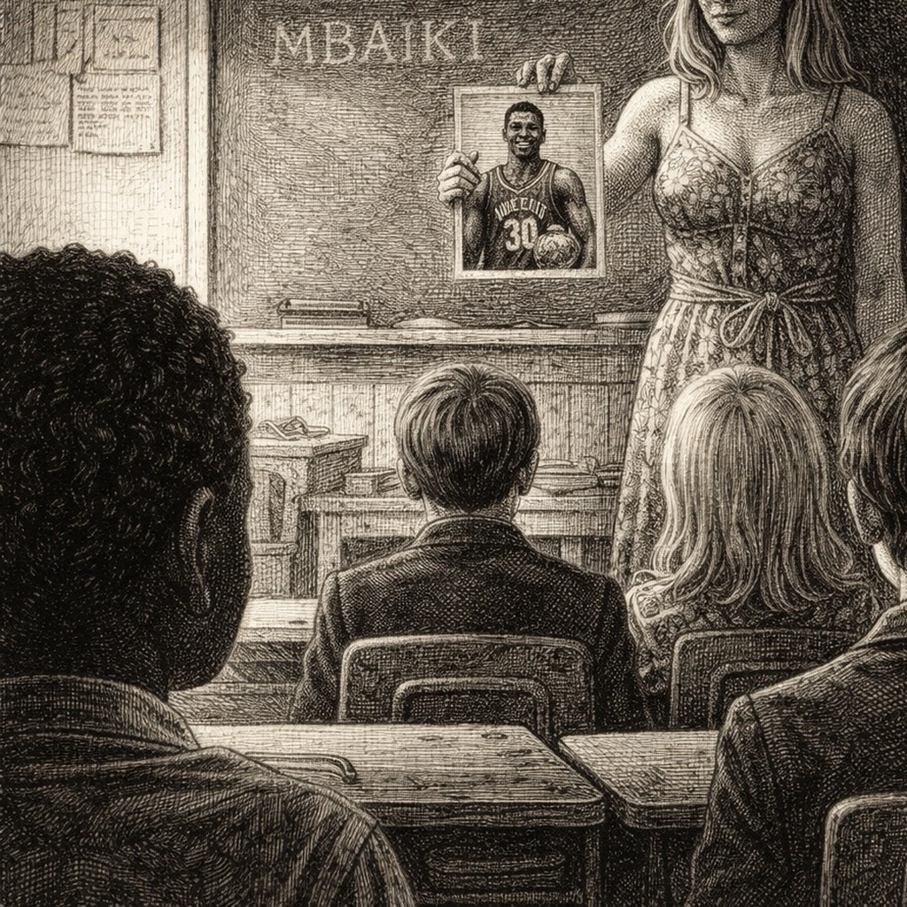 A teacher holds up a framed photo of a Black basketball player in a number 30 jersey to a class of seated children.