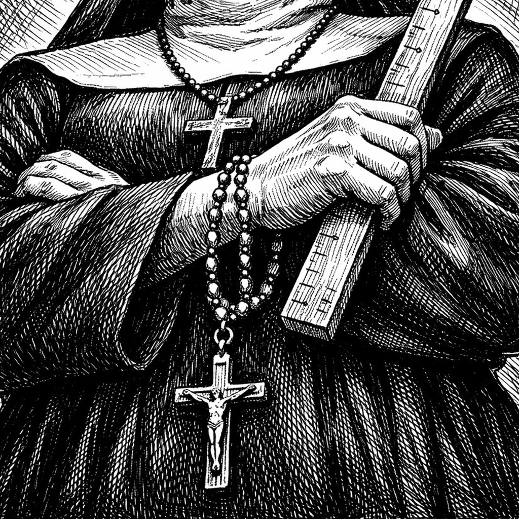 A nun’s habit and hands hold a beaded rosary with a crucifix and a wooden measuring ruler.