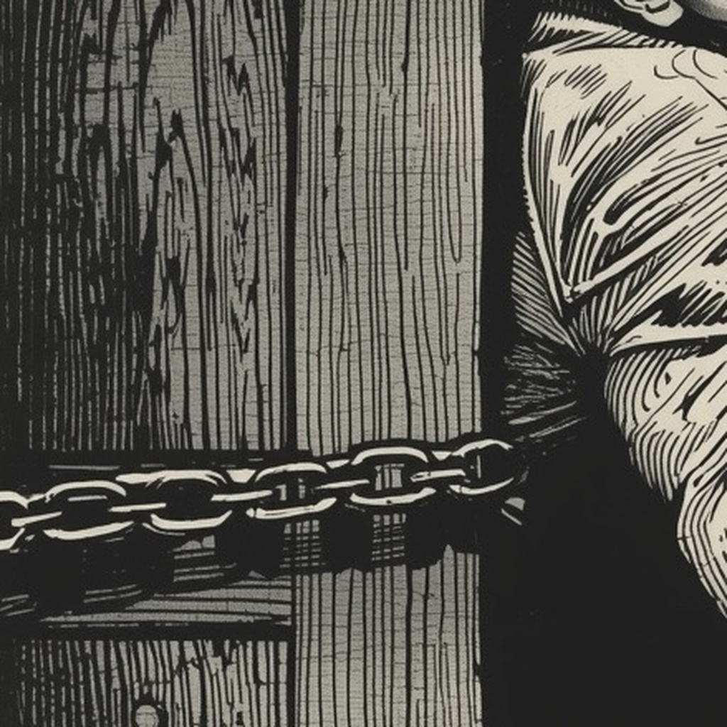 A heavy chain and padlock bar a weathered wooden door, a figure’s shoulder just visible at the edge.