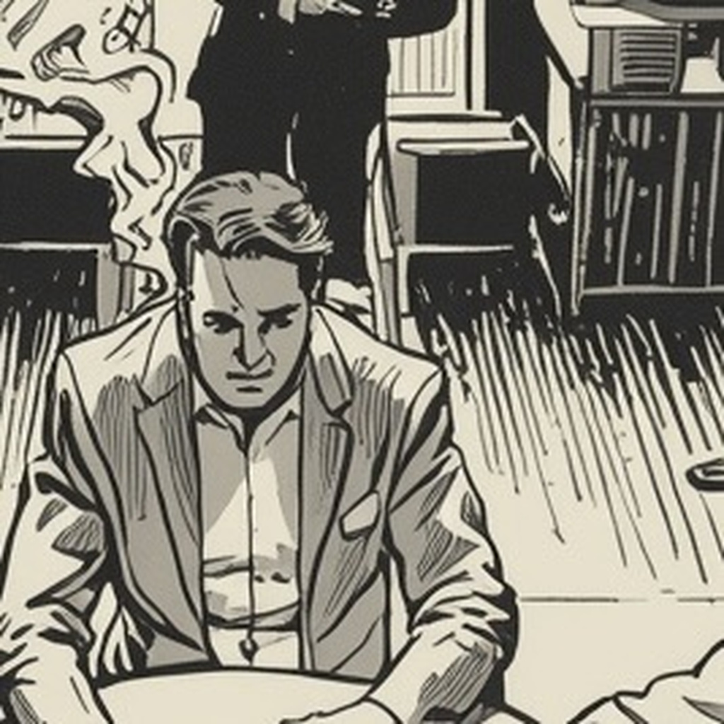A man in a jacket sits alone at a table looking down as a figure stands behind him in a smoky room.