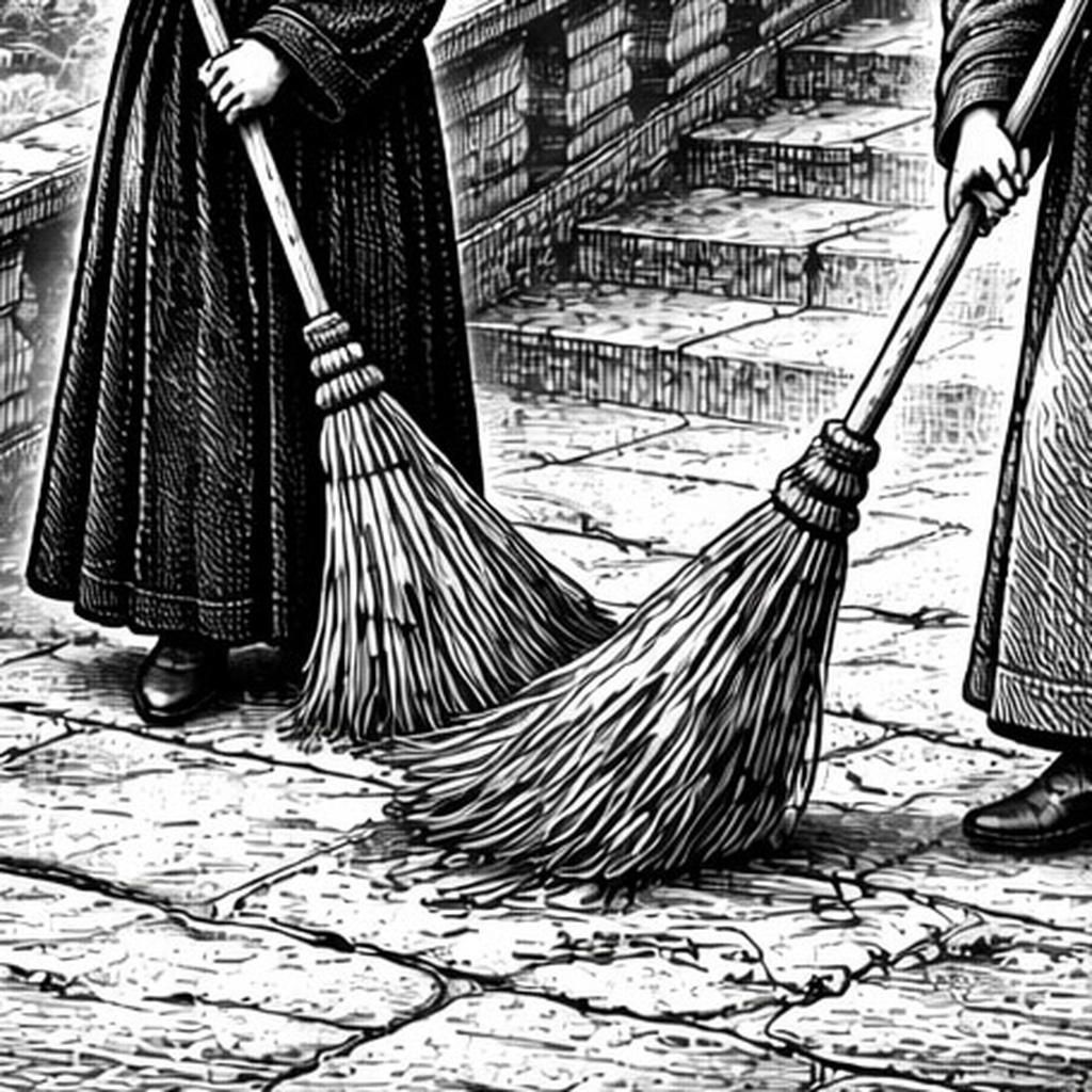 Woodcut close on two brooms and the sisters’ feet working the flagstones
