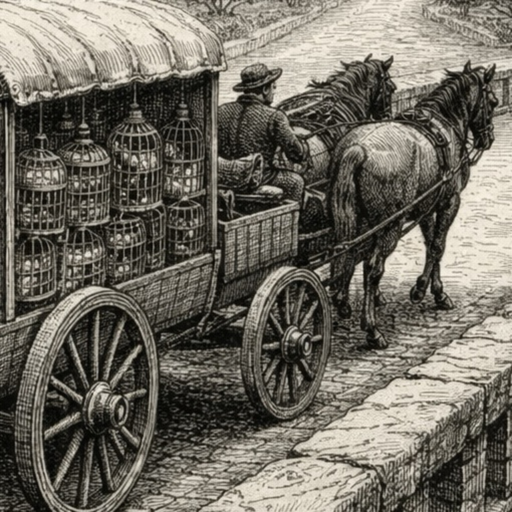 Woodcut of a horse-drawn wagon stacked with cages of birds crossing the cobbled bridge