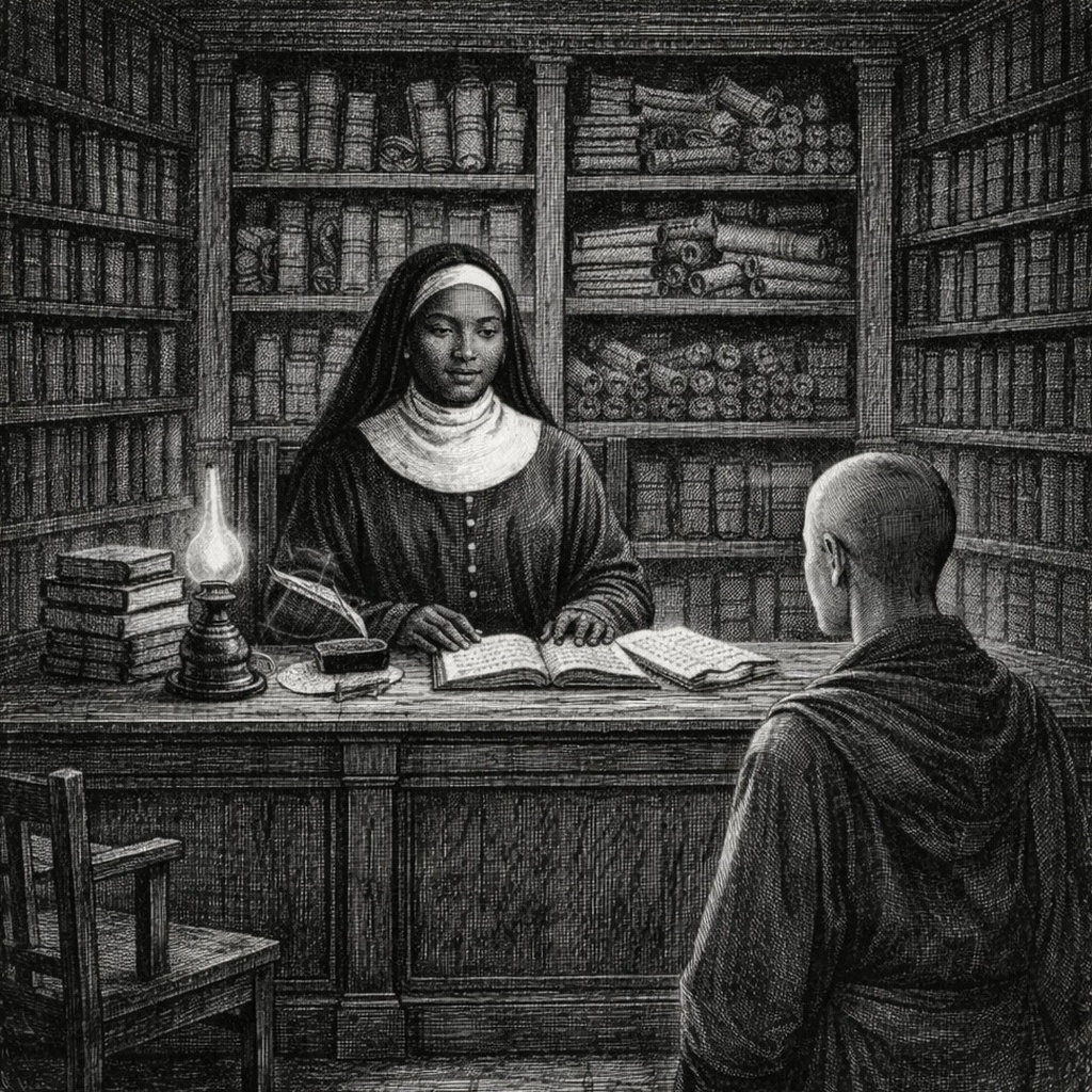 Woodcut of Ruth from behind consulting Mother Muni across the library desk by oil lamp