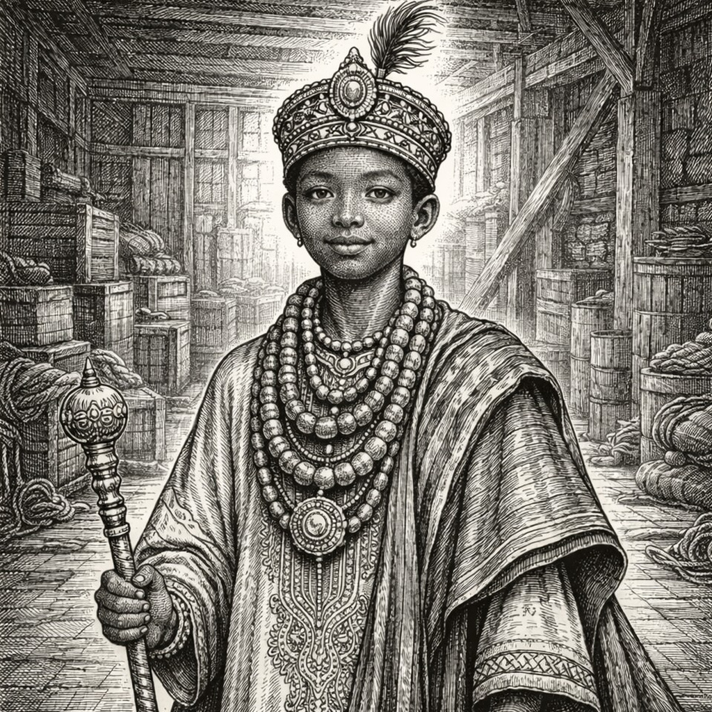 Woodcut of a boy crowned and robed in strands of beads, scepter in hand, standing in the warehouse