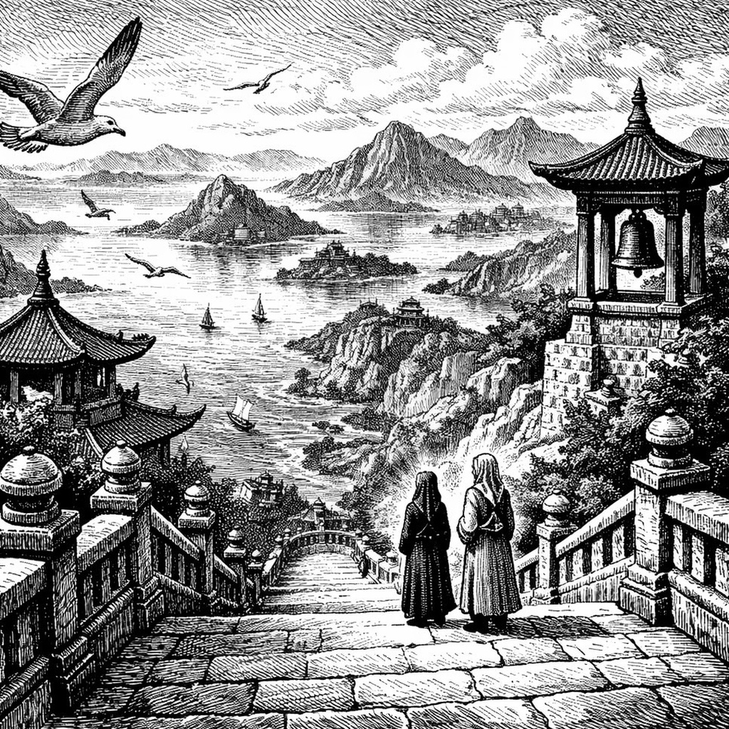 Woodcut of the island seminary from the steps: bell tower, boats in the bay, two robed figures looking out