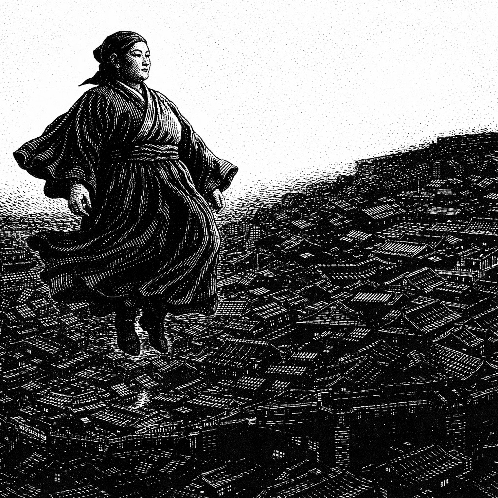 Woodcut of Ruth in astral form drifting above a vast field of city rooftops