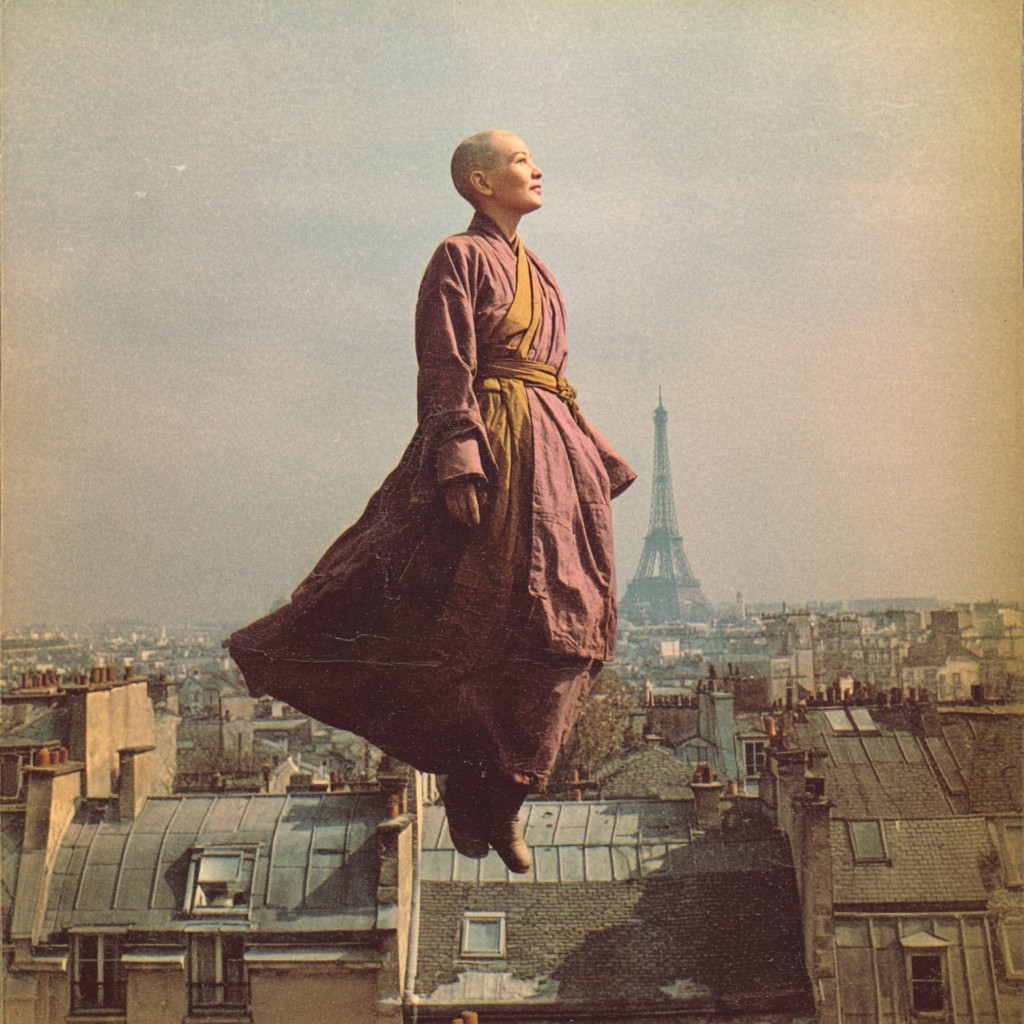 Vintage collage of a nun hovering above the rooftops of Paris, the Eiffel Tower behind her
