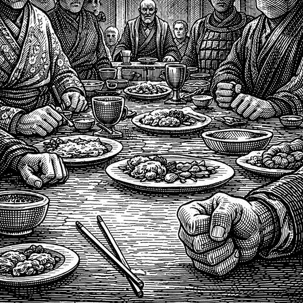Woodcut of clenched fists ringing a dinner table of untouched plates, chopsticks laid down