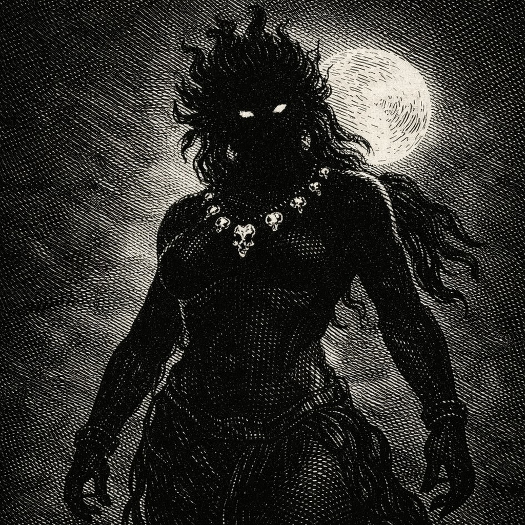 Woodcut of the goddess Ekajati in silhouette against a full moon, wild hair and a necklace of skulls
