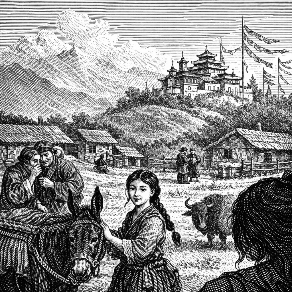 Woodcut village below a hilltop monastery, prayer flags flying; a girl steadies a mule as villagers murmur