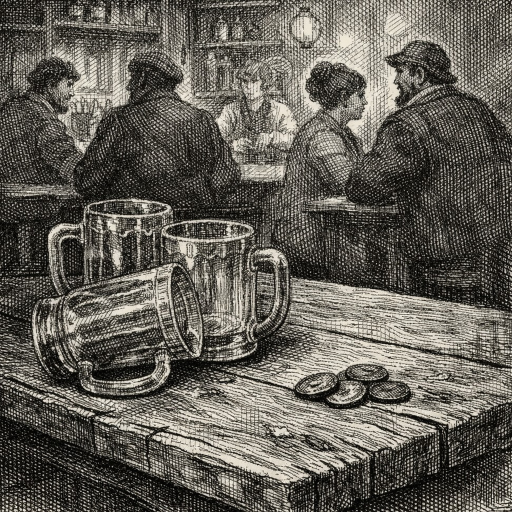 Woodcut of drained mugs and a few coins left on a plank table, drinkers at the bar behind