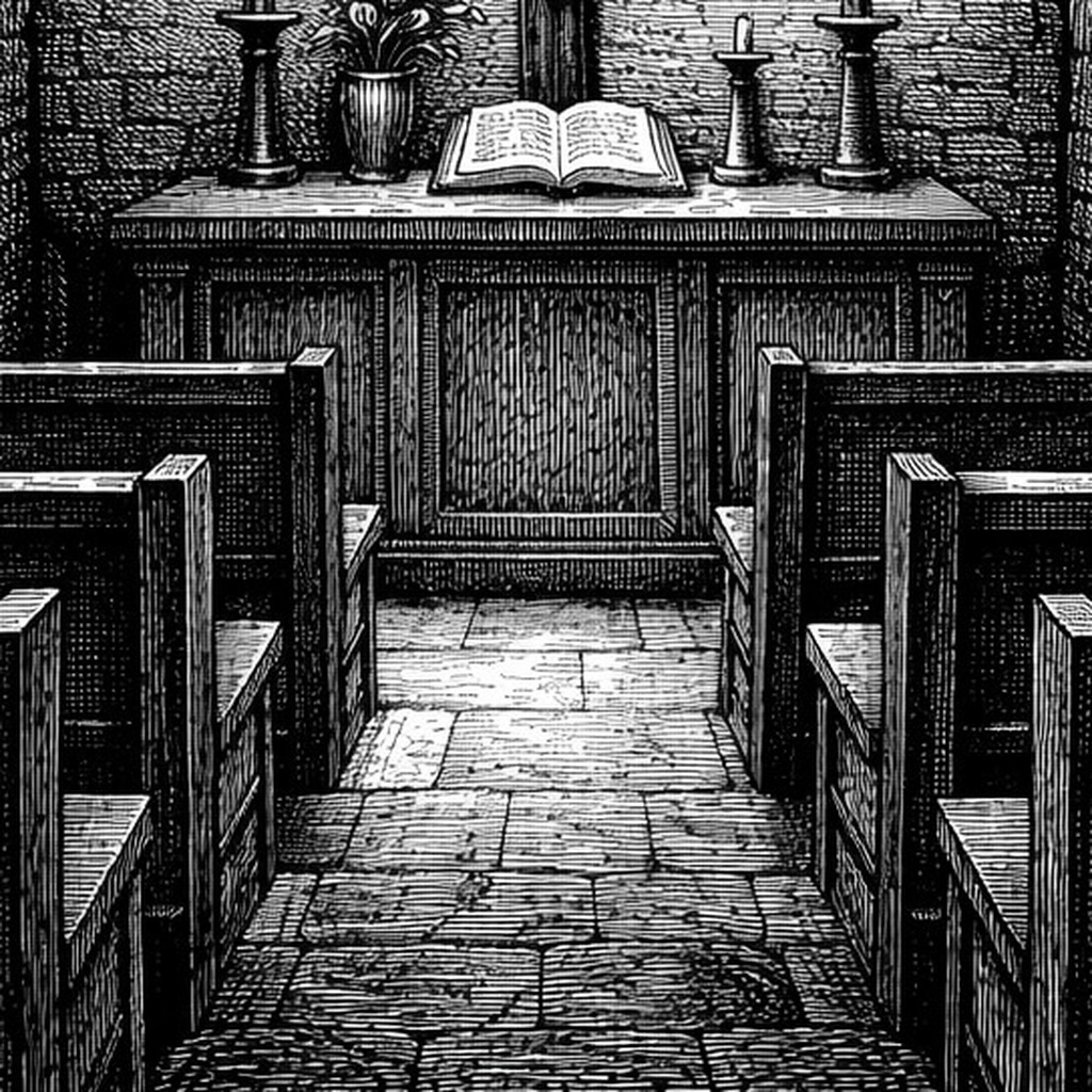 Woodcut of the chapel altar, an open book between candles above the empty pews