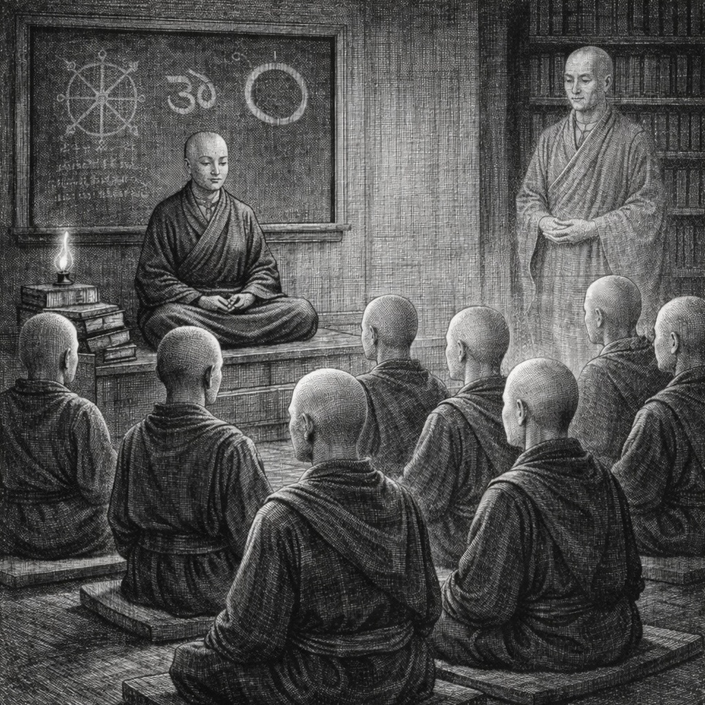 Woodcut of a class taught at once by a seated teacher and a translucent standing one
