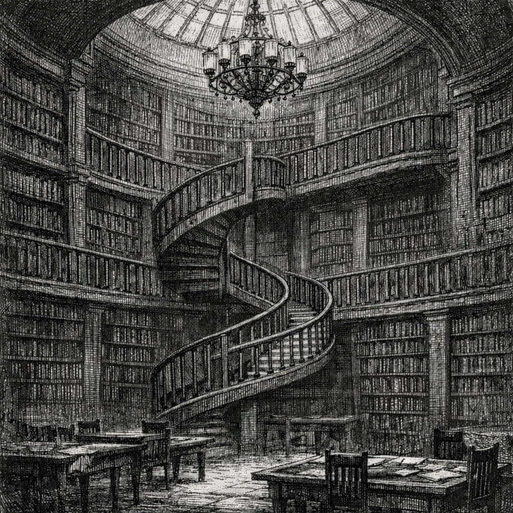 Woodcut of the empty library atrium: circular tiers, a spiral staircase and a chandelier beneath the dome