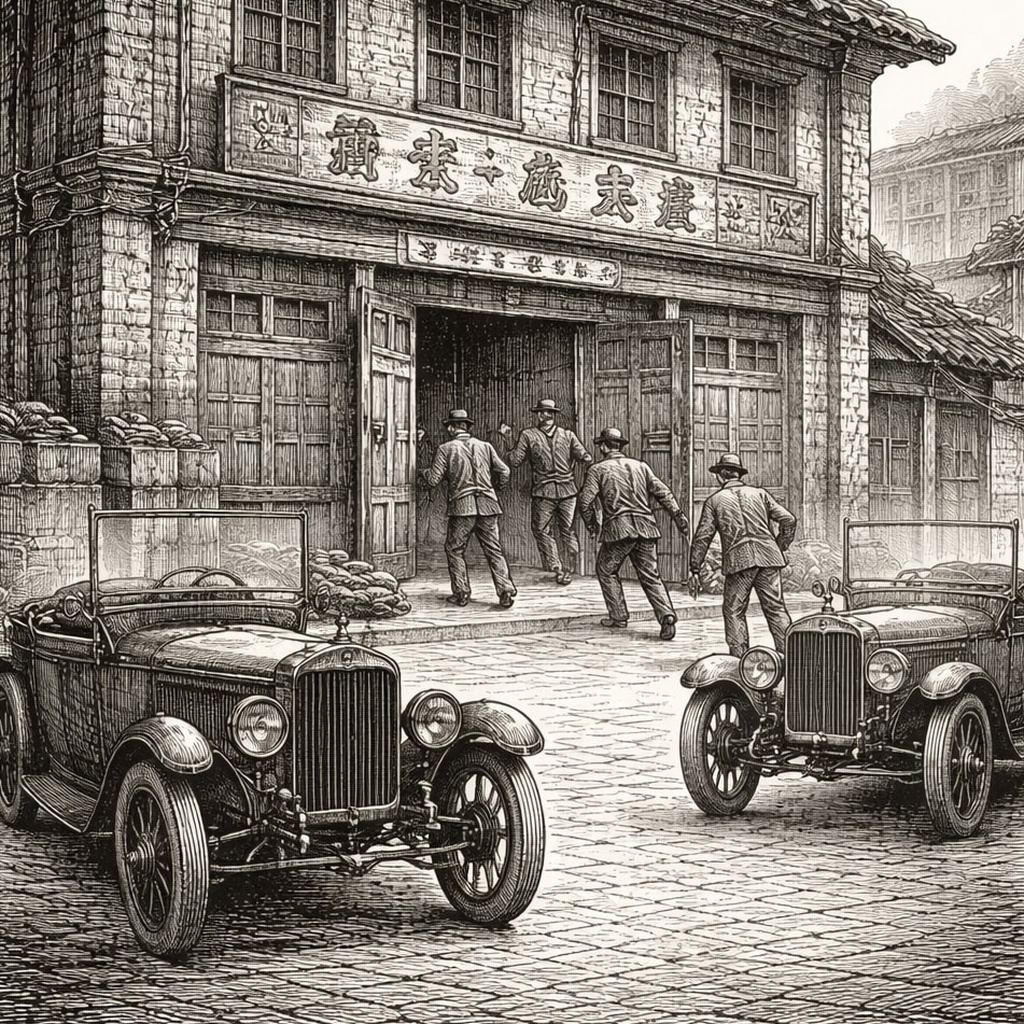Woodcut of two motorcars pulled up at a shopfront as men rush the doors