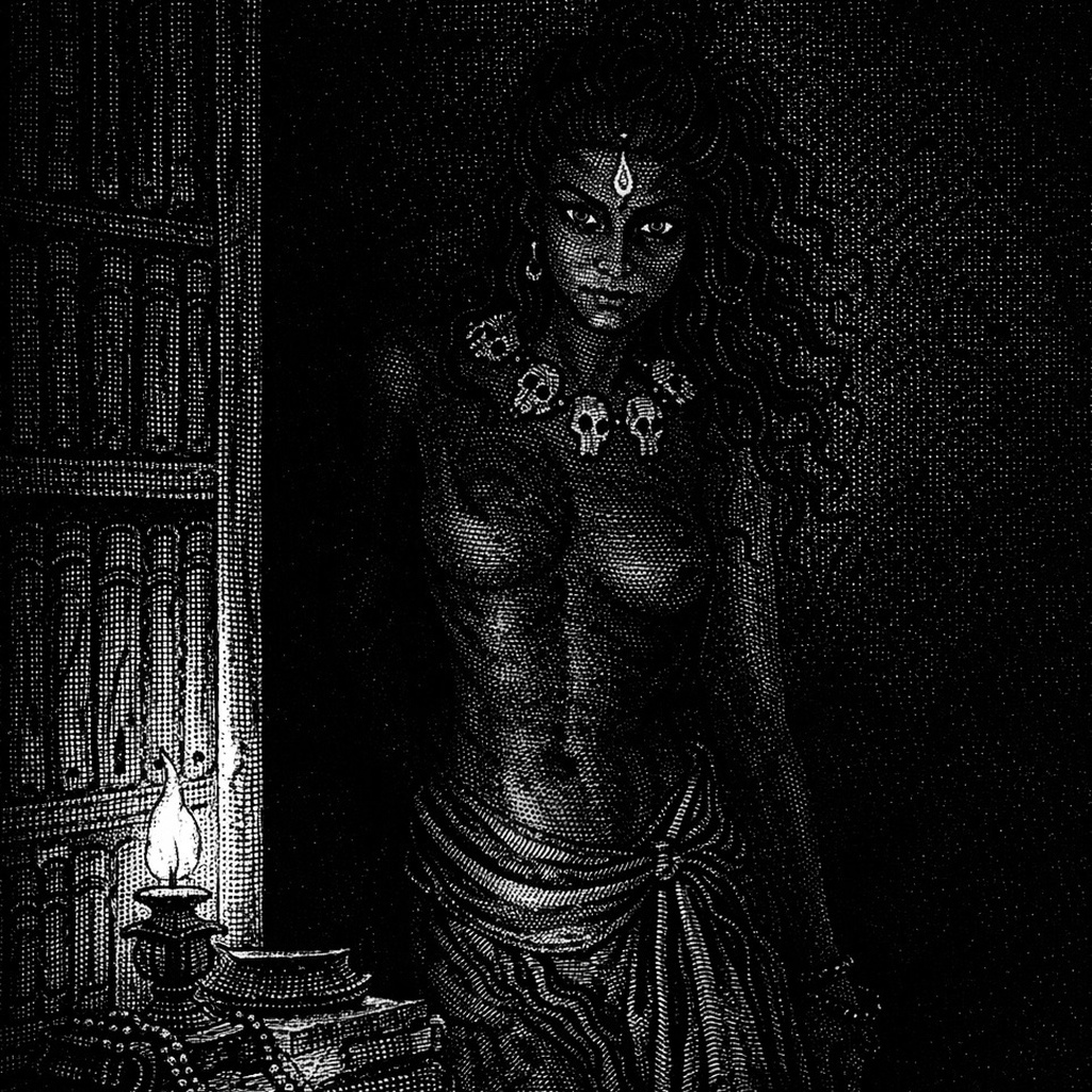 Ekajati standing beside shelved books by lamplight, a third eye on her brow and skulls at her throat