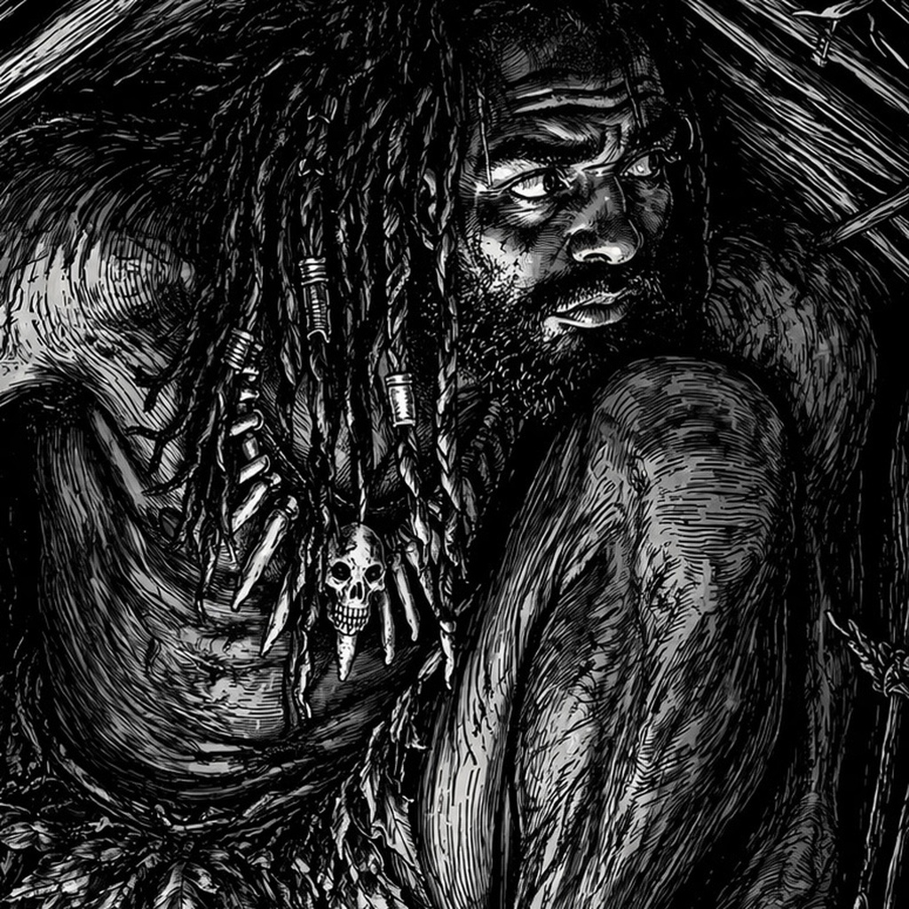 Milarepa’s ghost: a wild man in matted locks with a skull charm, eyes cutting away
