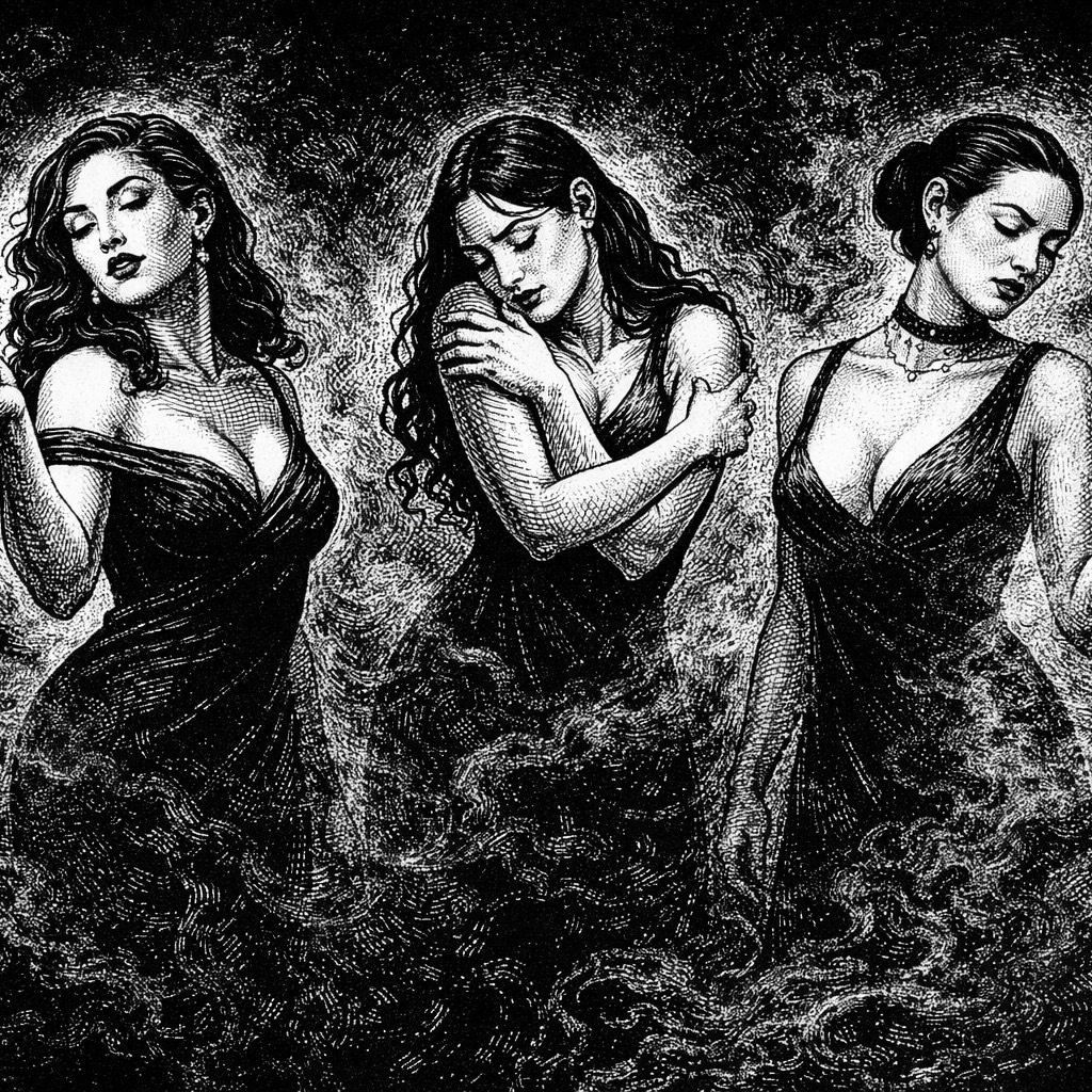 Woodcut of three women in trailing gowns taking shape out of smoke