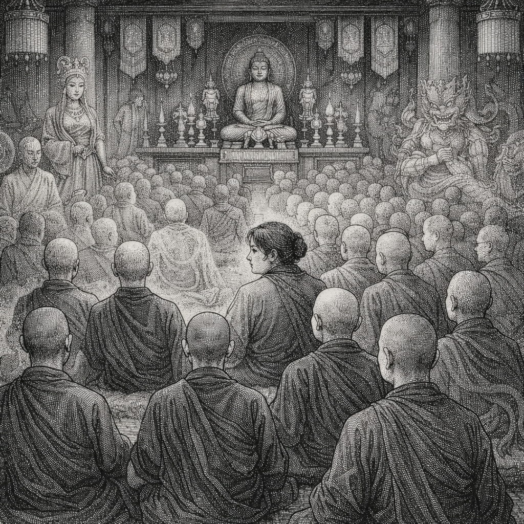 Woodcut of the assembly with a crowned goddess and a wrathful demon at the edges, seen only by Ruth