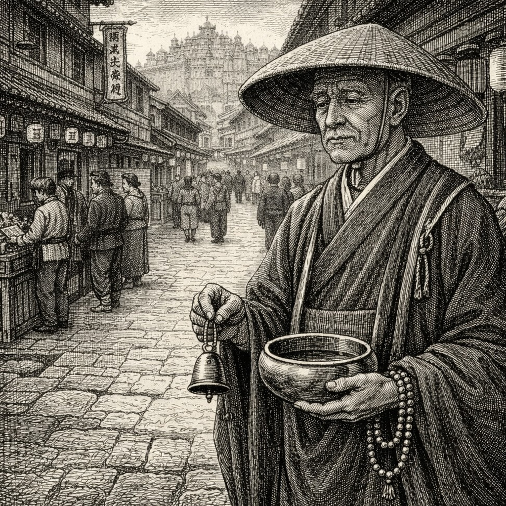 Woodcut of a monk in a broad hat holding an alms bowl and bell in the crowded market street
