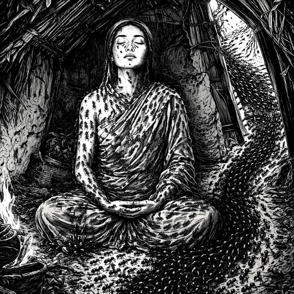 Mother Ruth meditates in her forest shelter, covered head to foot in swarming ants