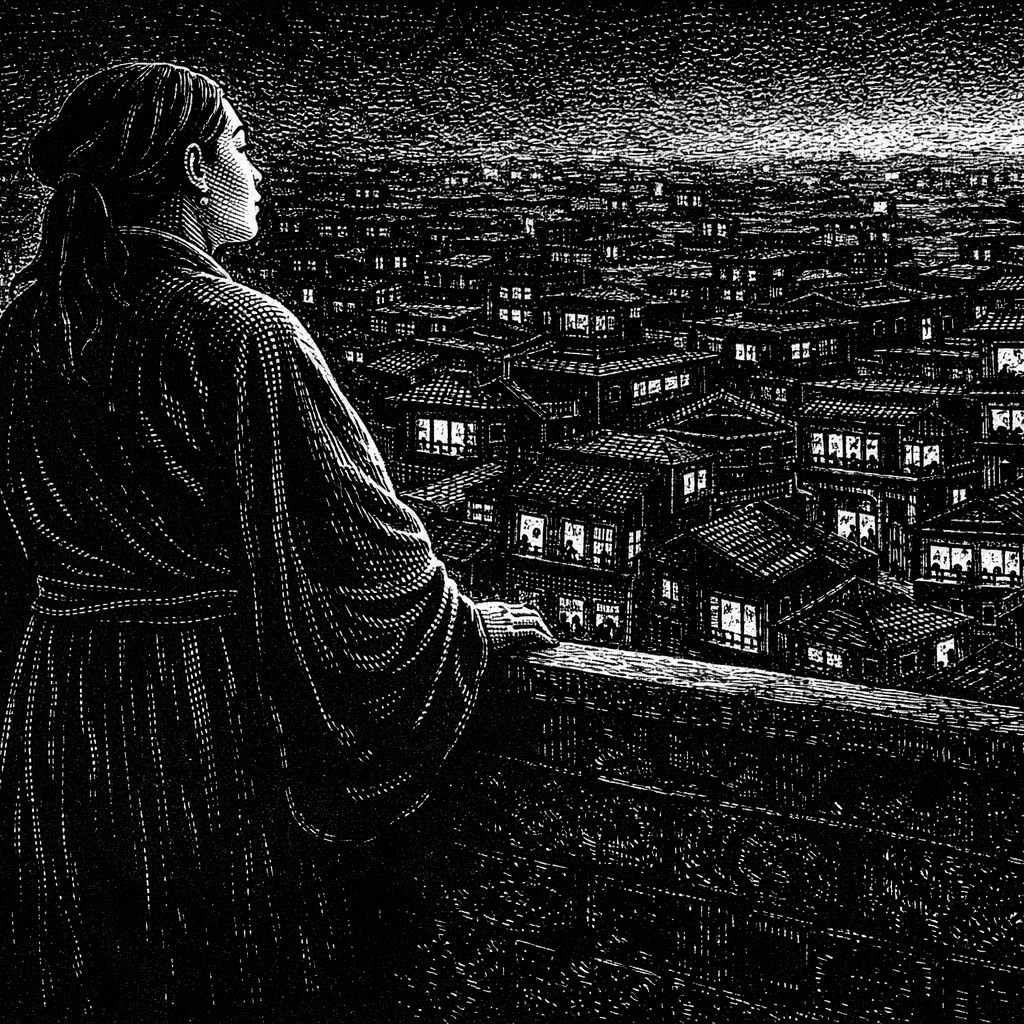 Woodcut of Ruth at a balcony rail above a city of lit windows at night