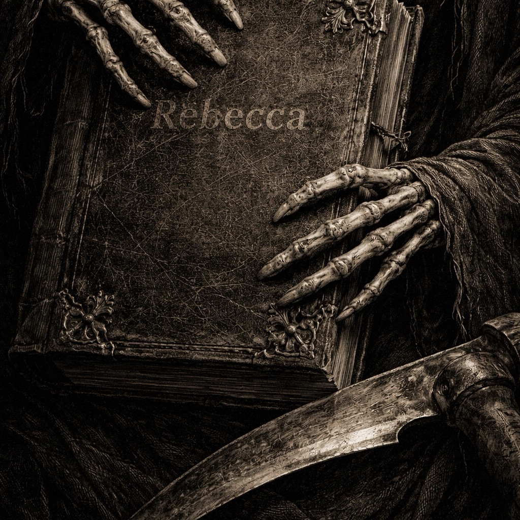 Skeletal hands rest on a book embossed with the name Rebecca, a scythe blade laid across it