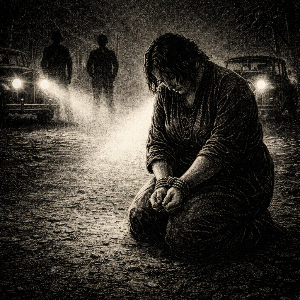 Mei kneels in the headlight beam with her hands bound, two figures watching from the cars