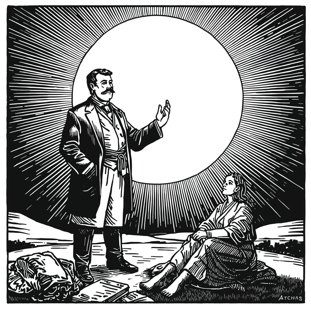 Woodcut of Marpa lecturing before a great sun disk while Ruth reclines on the grass