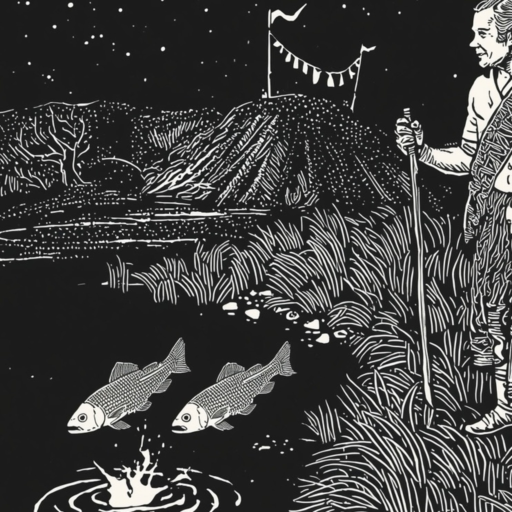 Woodcut of Tilopa at the starlit stream as two fish leap from the water to the bank