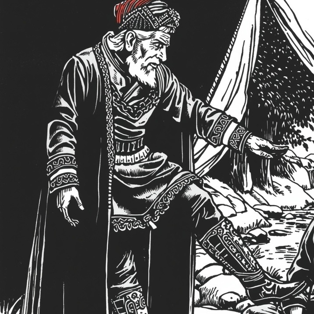 Woodcut of Naropa in embroidered robes and turban stooping at the flap of her tent