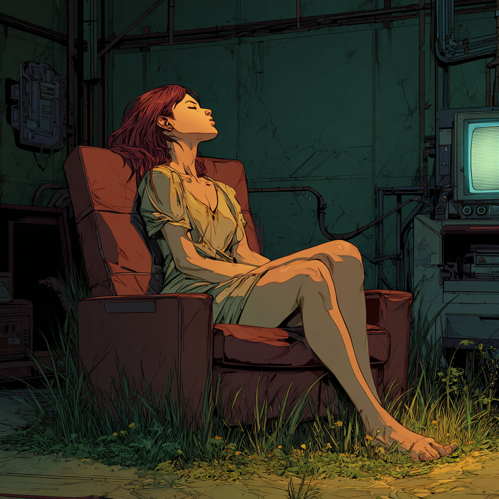 A red-haired woman leans back in a worn armchair, eyes closed and chin lifted, bare feet resting on a floor of living grass, an old monitor glowing at her side.