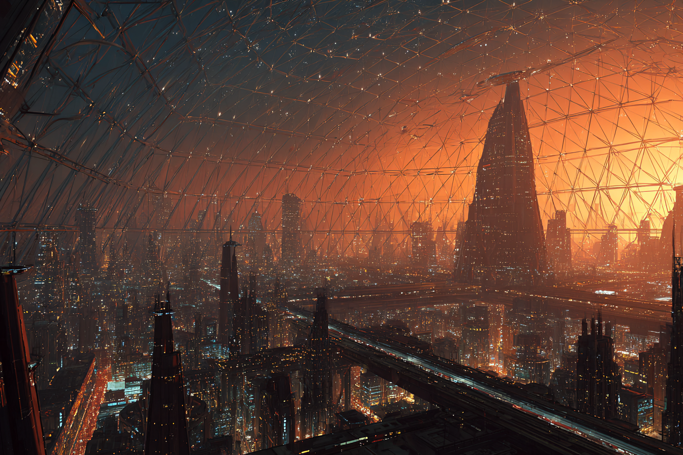 A sprawling future cityscape of dense skyscrapers and elevated highways seen from above, sealed beneath a vast lattice-glass dome that glows orange toward the horizon.
