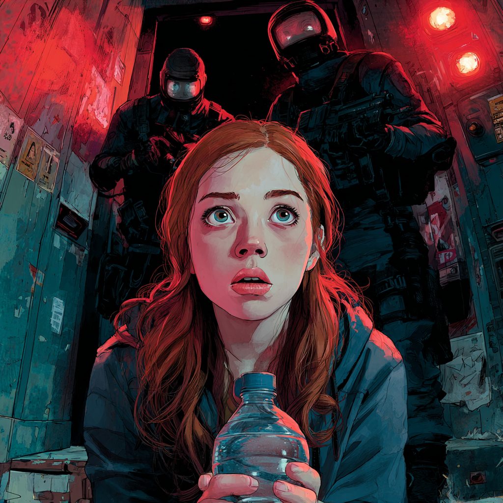A frightened red-haired woman clutches a water bottle to her chest, eyes wide, as two armored, helmeted soldier-drones loom in the doorway behind her under red warning lights.