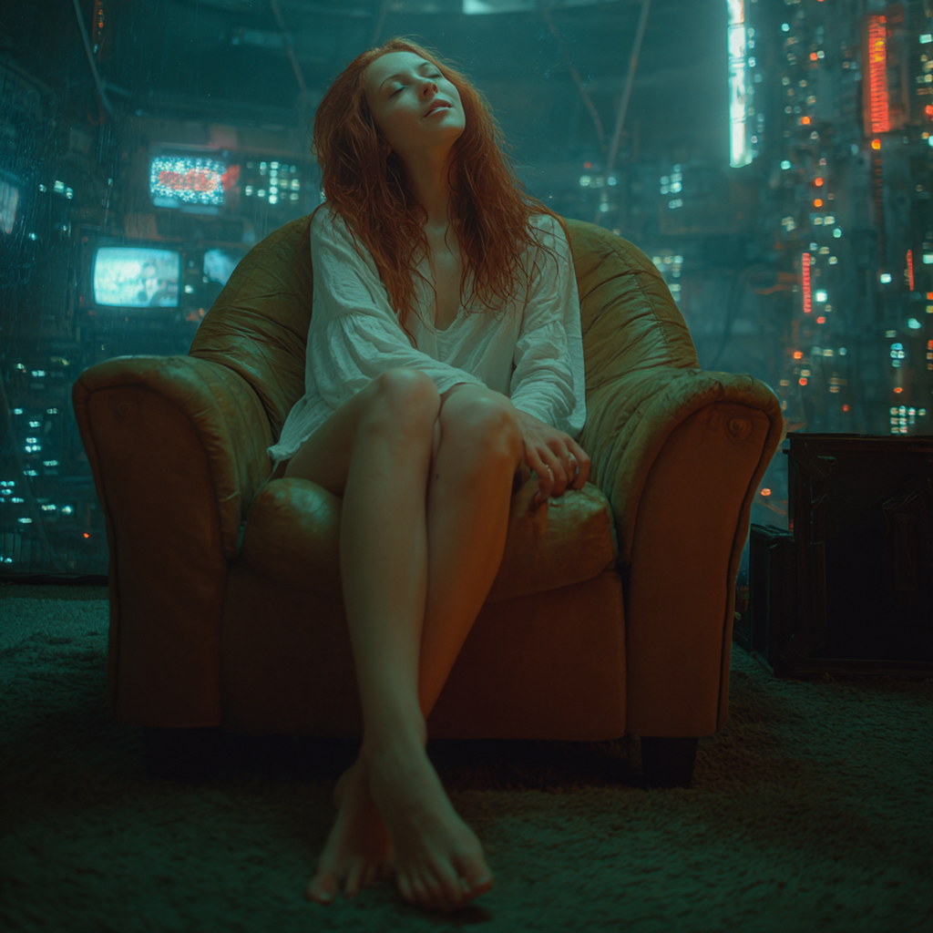 A red-haired woman in a loose white shift reclines in an armchair, eyes closed and legs crossed, alone in a dim room ringed by distant city lights and flickering screens.