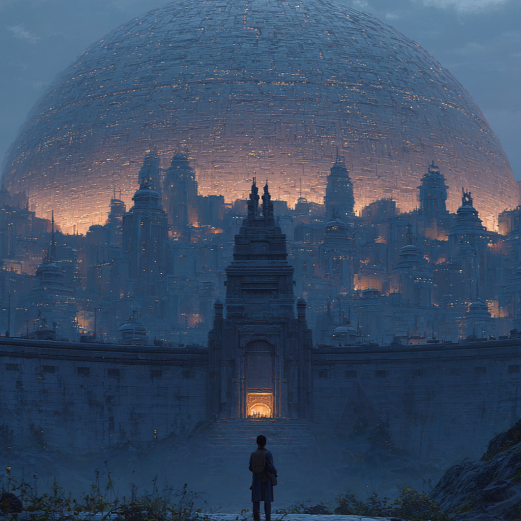 A lone figure with a pack stands on a rocky rise before an immense domed city, its glass shell glowing from the lit towers packed inside, a single arched gate burning at the base of the outer wall.